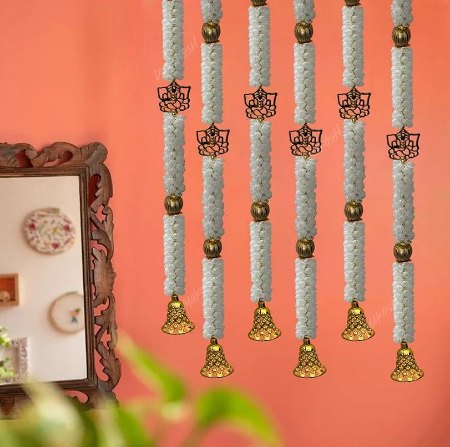 Fabric White Mogra Flower Ganeshji and Bells Wall Hanging Pack of 4 Strings Artificial Flower Latkan 3.5 Feet