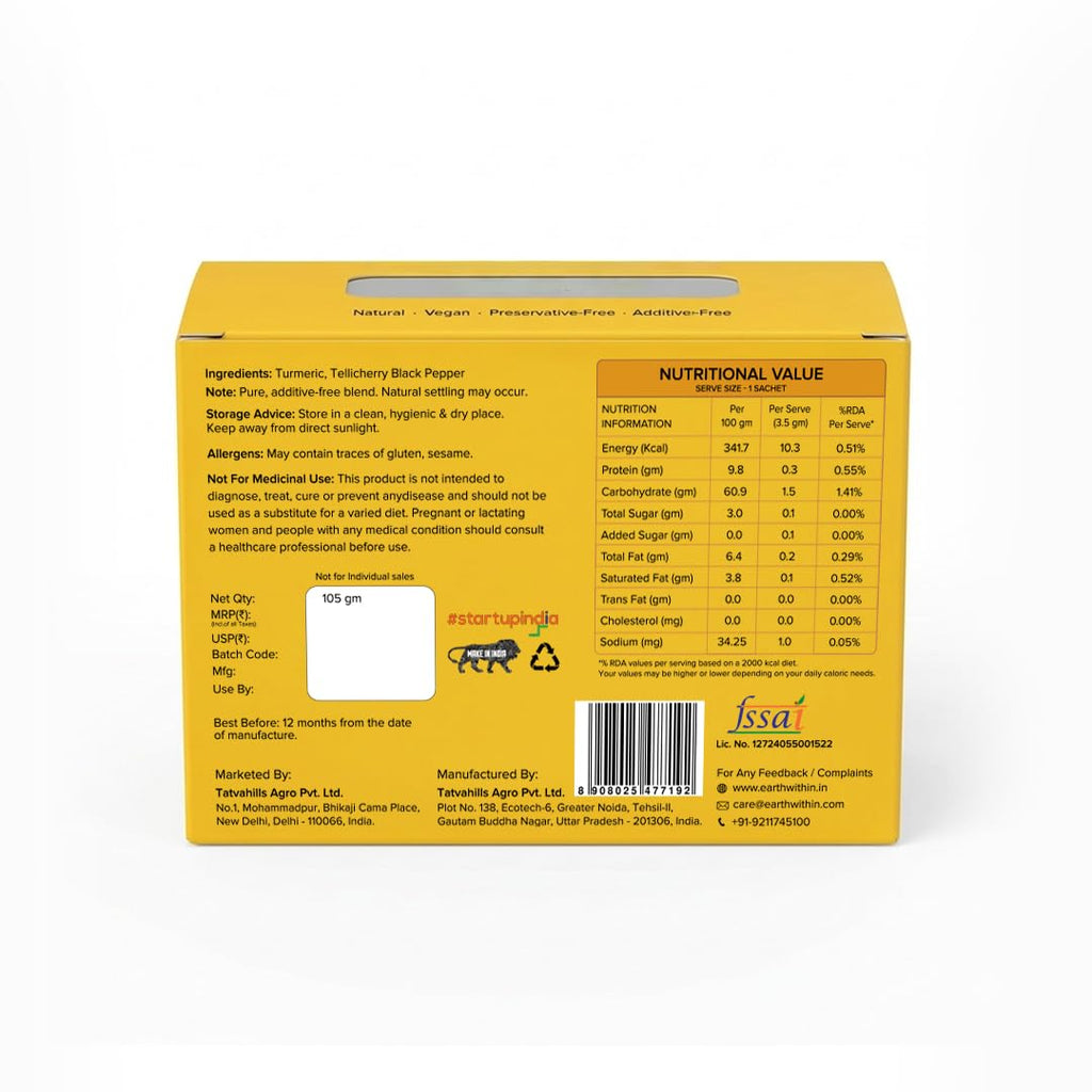 Earth Within Immunity Boost Turmeric Curcumin Drink Mix | Black Pepper Piperine | Upto 7.5% Curcumin| Anti inflammantory Supplement| Joint Pain support | Daily Immunity Booster | Golden Milk Latte Sachets | Mix in Milk or Water | 30 Sachets