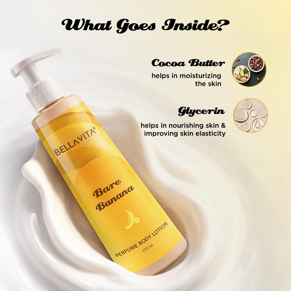 BELLAVITA Bare Banana | Perfume Body Lotion for Man and Woman | Long-lasting Hydration | Soft & Smooth Skin | Long-lasting Scent | Paraben-free | Infused with Cocoa Butter & Glycerin | 250ml
