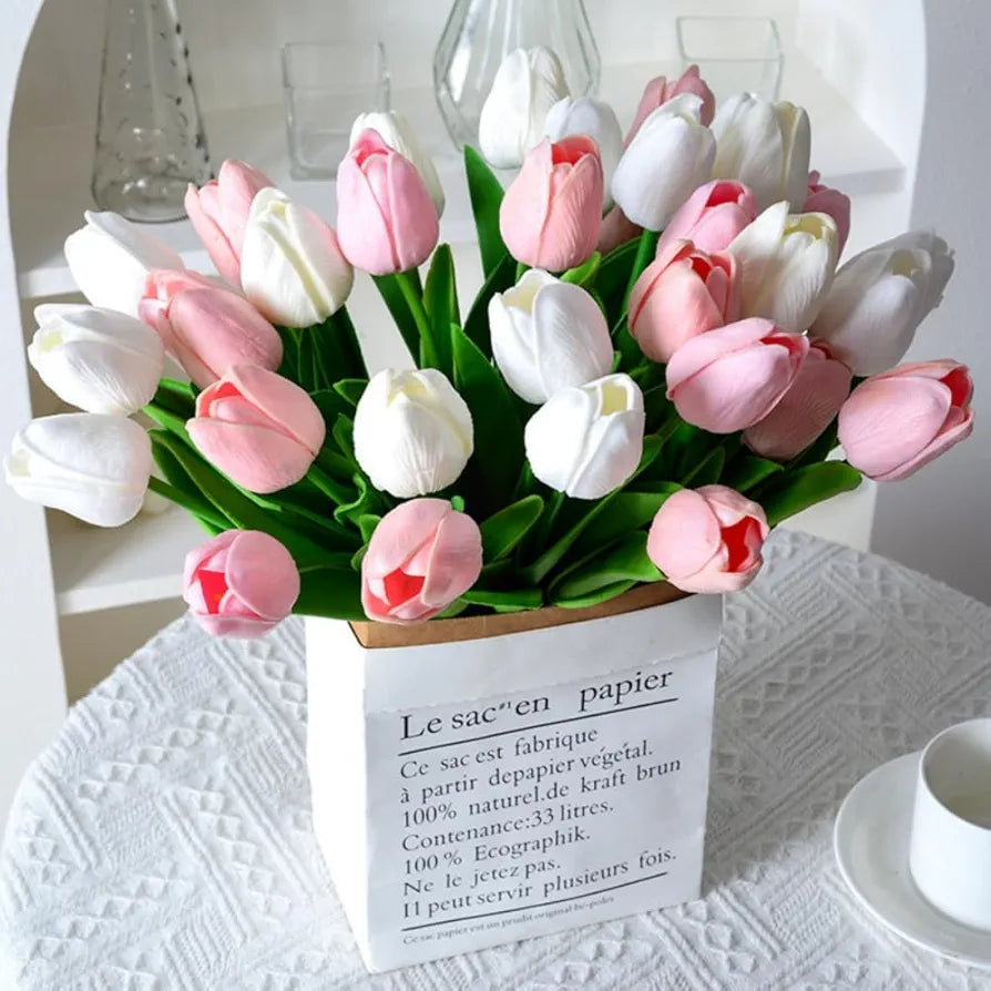 PU Real Touch Tulips Artificial Flowers 30Pcs Flowers Arrangement Bouquet White30