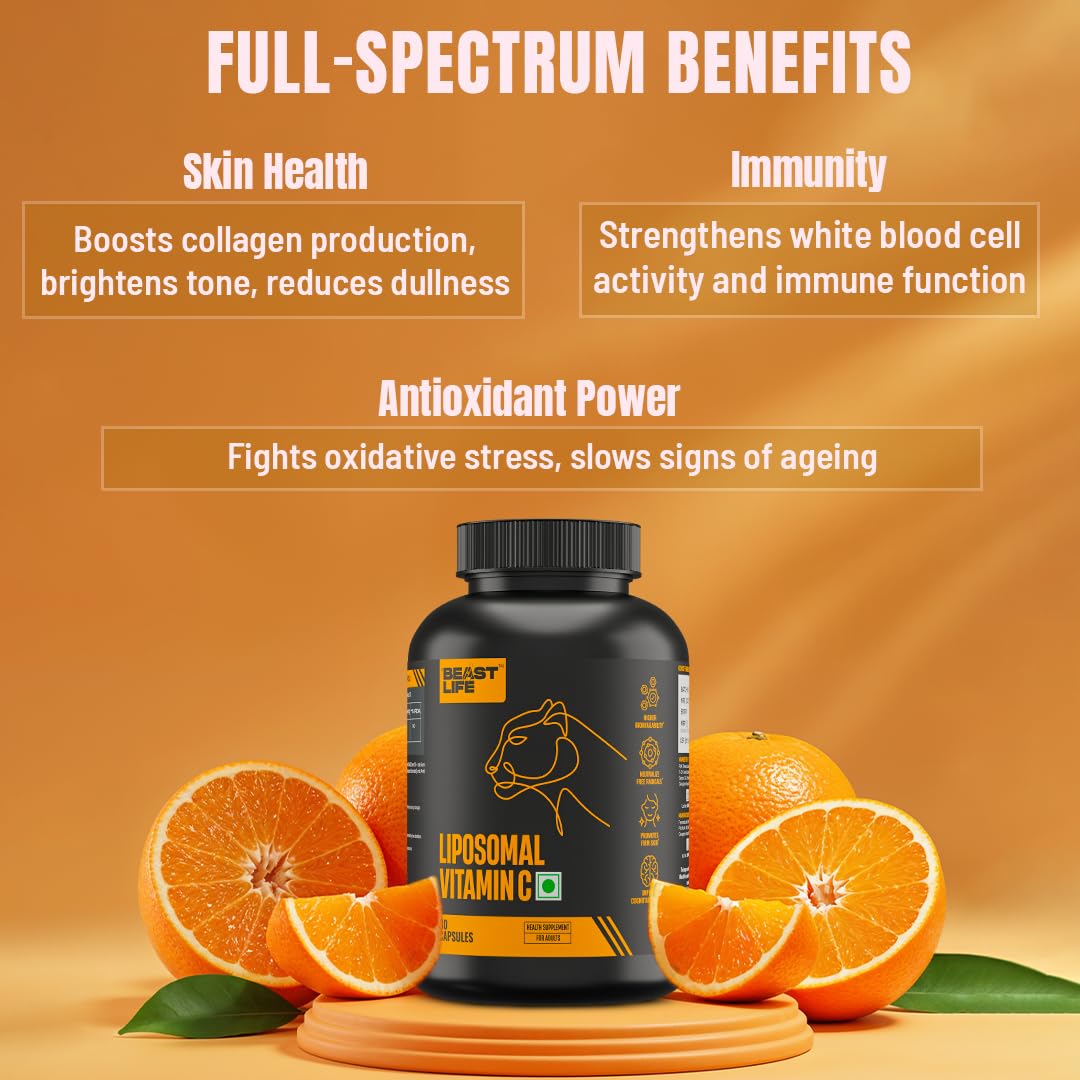 BeastLife Liposomal Vitamin C | Higher bioavailability | Neutralizes free radicals | Promotes firm skin Health | Improve cognitive function Immunity Support– Fast Absorption & Bioavailability | 60 Capsules