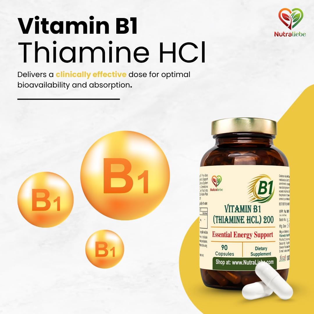 Nutraliebe Vitamin B1 (Thiamine HCl) â€“ High-Potency Energy & Nervous System Support | Promotes Metabolism, Heart Health & Brain Function | 90 Vegetarian Capsules | Non-GMO & Gluten-Free
