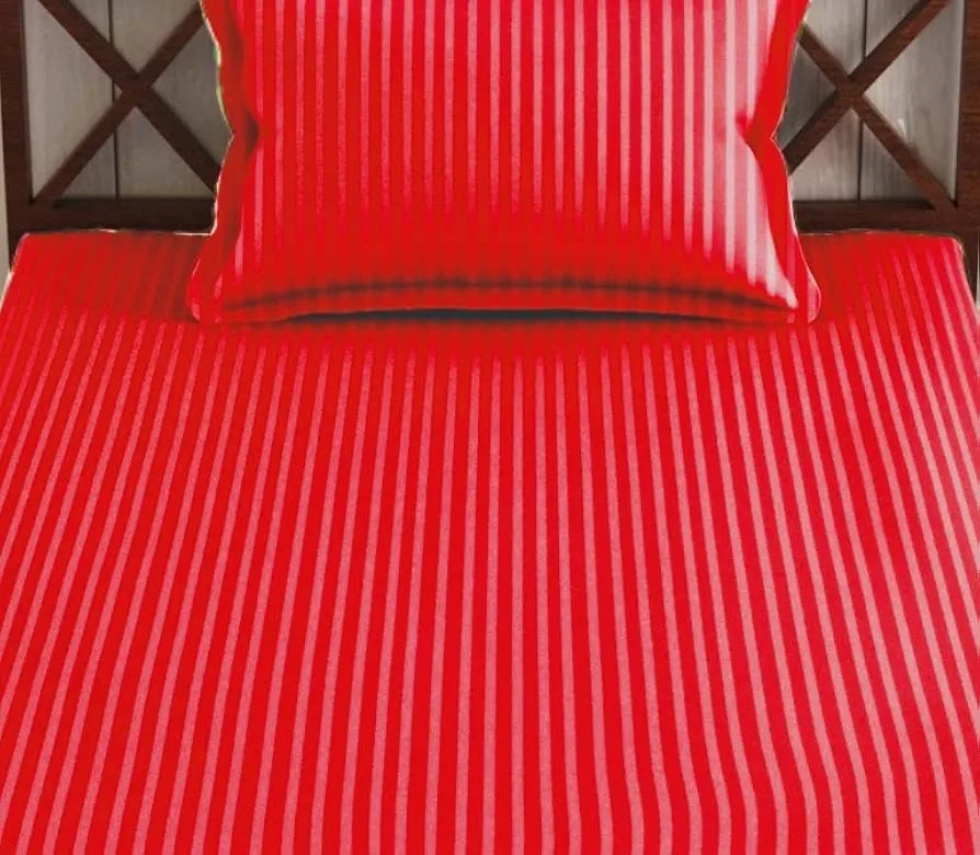 Trance Home Linen 100% Cotton 78x36 inch Single Fitted 200TC Satin Stripe Elastic Fitted Bedsheet with 1 Pillow Covers Colour Bright Red