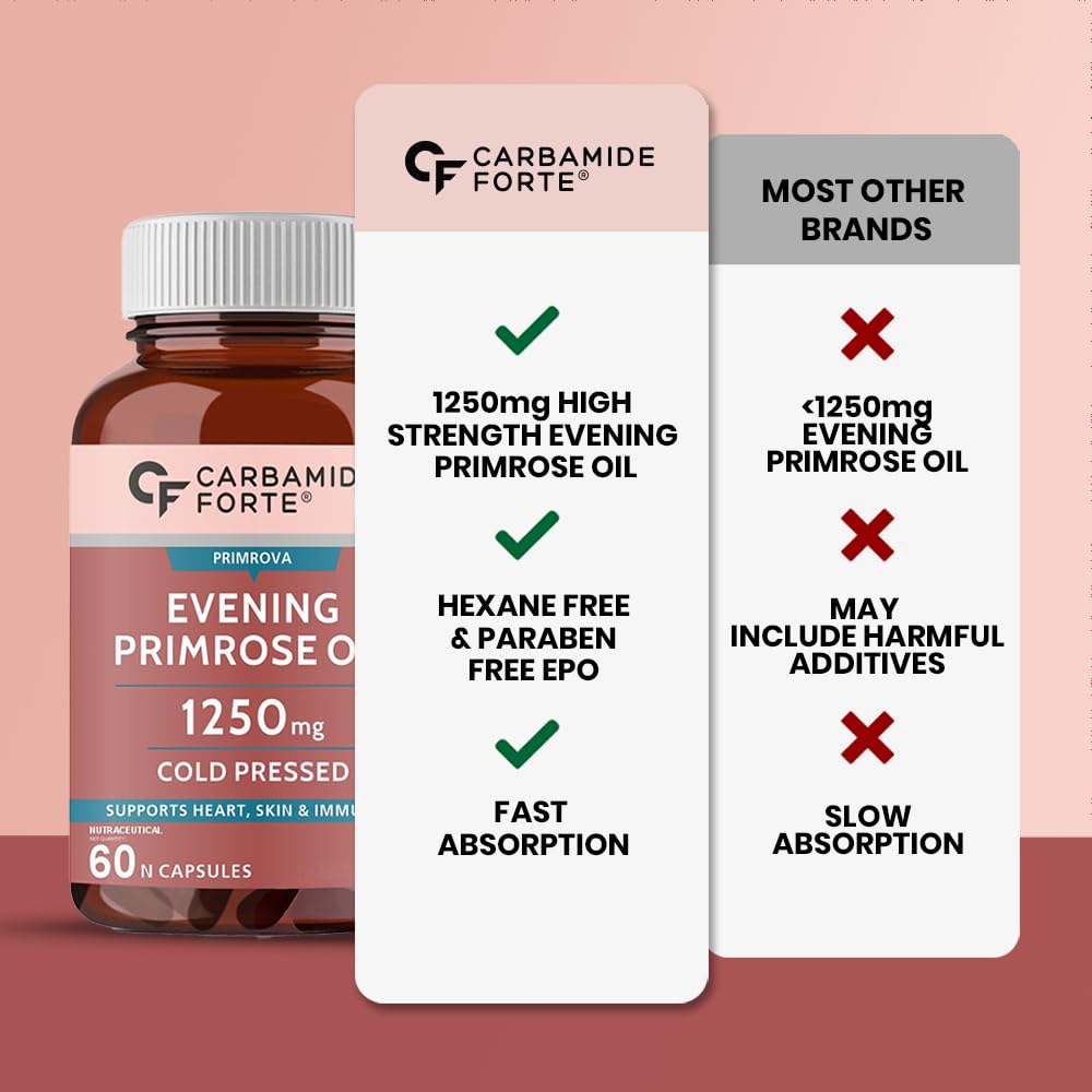 Carbamide Forte Evening Primrose Oil Capsules 1250mg For Women | Pure & Cold Pressed Primrose Oil Capsules | Evening Primrose Oil | Supplement for Hormonal Balance, Immunity & Skin Health | 60 Capsule