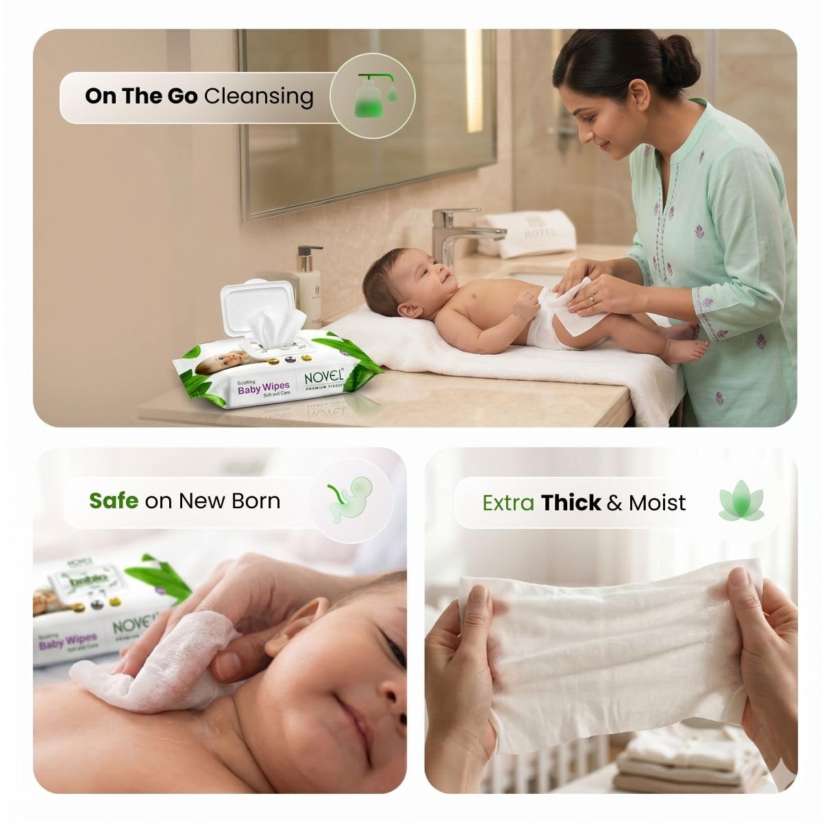 Novel Baby Wet Wipes 80 Wipes x Pack of 3 (240 Wipes) | Aloe Vera, Chamomile, Vitamin E Enriched | pH Balanced, Alcohol, Hypoallergenic & Paraben-Free | Soft Gentle Baby Wipes with Lid