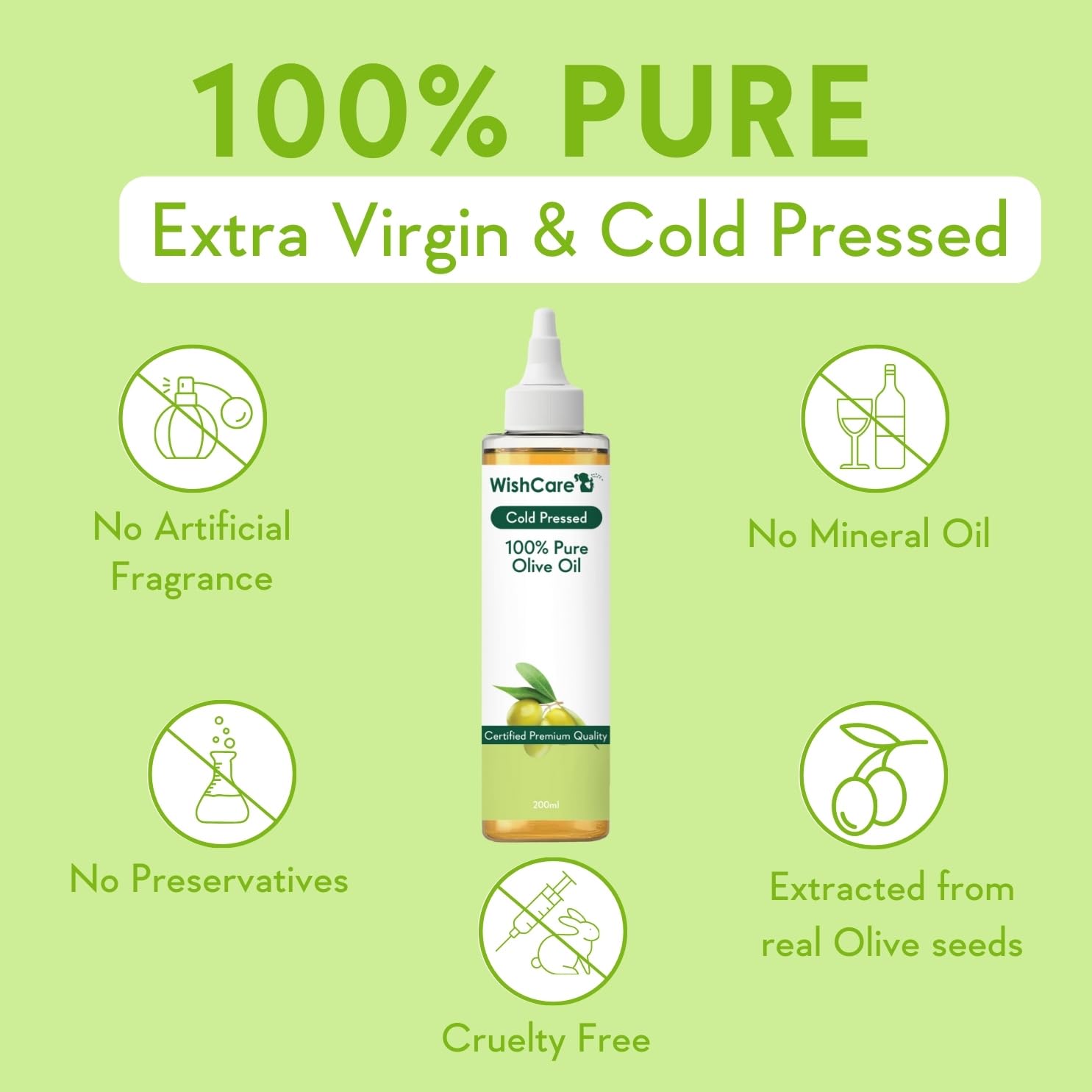 WishCareÂ® 100% Pure Premium Cold Pressed Olive Oil for Hair & Skin - 200ml