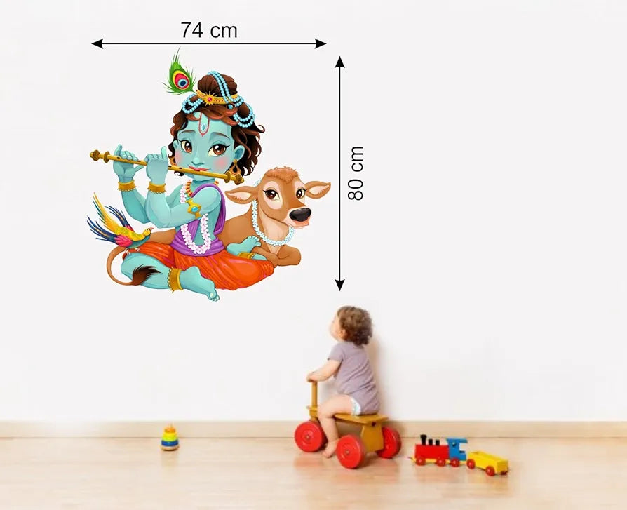 Rawpockets Lord Krishna Flute Playing with Cow Wall Sticker  -Self-Adhesive