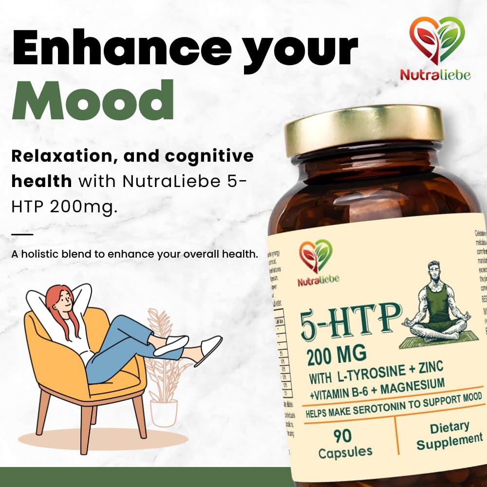 Nutraliebe 5-HTP 200mg with L-Tyrosine, Zinc, Vitamins B6 & B9, Magnesium, Ashwagandha, Green Tea Extract - 90 Capsules for Mood, Relaxation, and Cognitive Support