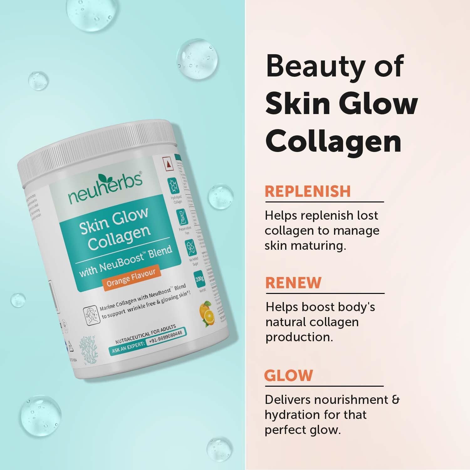 Neuherbs Collagen Supplement | Marine Skin Glow Collagen Peptides for Men & Women | With Hyaluronic Acid, Biotin, Vitamin C & E for Glowing & Youthful Skin | Orange Flavour, 200g