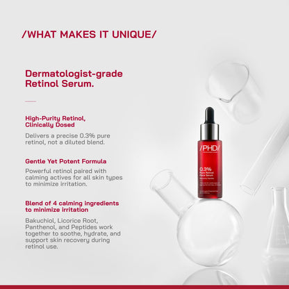 /PHD/ 0.3% Retinol Face Serum with Bakuchiol & Peptides | Retinol Serum for Face Anti Aging & Wrinkles | Night Serum for Men & Women | Reduces Fine Lines | For Younger-looking Skin | For Oily, Dry & Combination Skin | 30ml