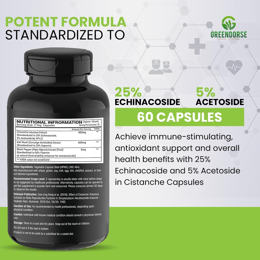 GREENDORSE Organic Cistanche Tubulosa standardised to 25% Echinacoside, 5% Acetoside with Kali Musli Extract 1000mg | 3rd Party Tested| For Strength, Performance, Vitality- 60 Veg Capsules