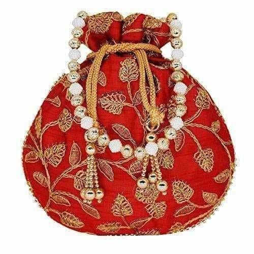 Ethnic Silk Potli bag Clutch Batwa Pouch with Embroidery and Metal Bead work Gift For Women
