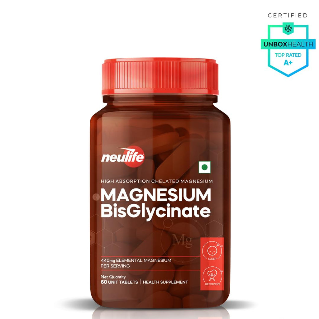 Neulife Magnesium Bisglycinate 440 mg Supplement | High Absorption-High Potency Formula | Supports Sleep, Recovers Muscles | (60tabs)