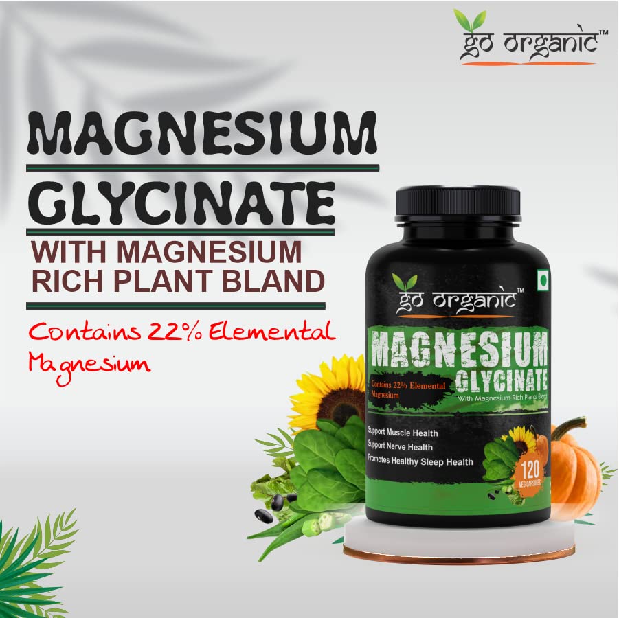 Go Organic Magnesium Glycinate Supplement Glycinate Chelate with Organic Vegetables to Support Sleep, Calm, Muscle Cramp & Stress Relief – Gluten Free, Non GMO - 120 Capsules