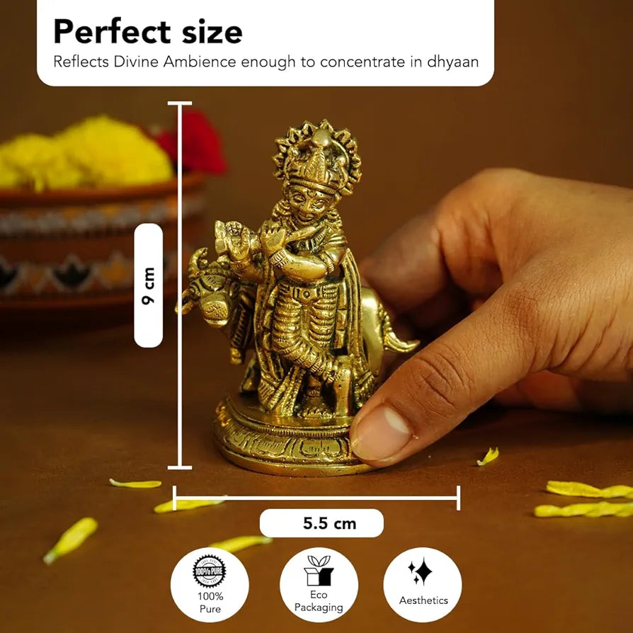 Ekhasa Pure Brass Lord Krishna Idol with Flute Shree Lord Krishna Statue Golden Krishna With Cow