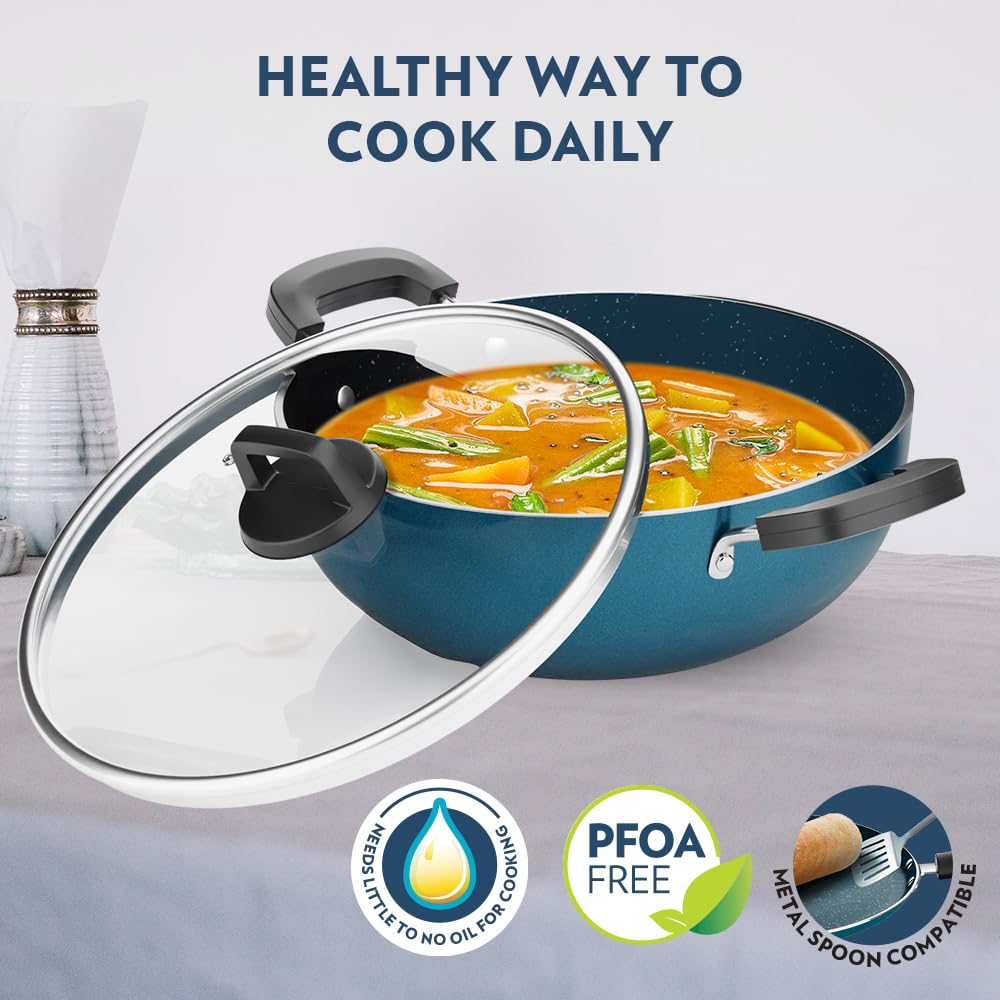 Borosil Prochef Non-stick Aluminum Kadhai With Lid 24 Cm | Gas Stove Compatible | Thick Uniform Body for Even Heating | Dishwasher Safe