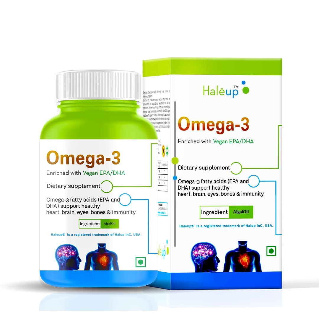 Haleup Vegan Omega-3 Capsules 500 mg, Enriched with Vegan DHA/EPA || Researched in USA || Healthy Heart || Brain|| Immunity