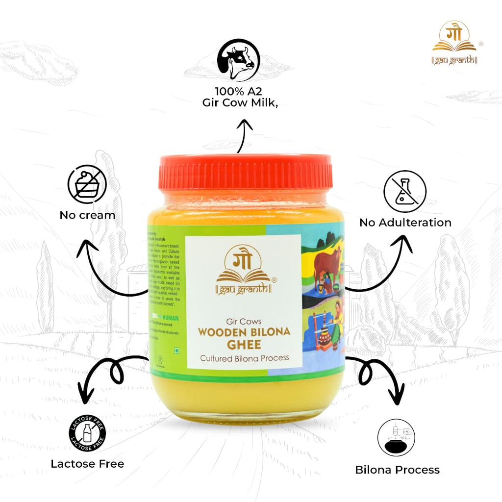 cow ved GauGranth A2 Gir Cow Ghee – 500ml (Pack of 1) | Traditional Wooden Bilona Desi Ghee | Hand-Churned from Grassfed A2 Gir Cow Milk | 100% Pure, Natural & Healthy | Vedic Method | Glass Jar Packaging