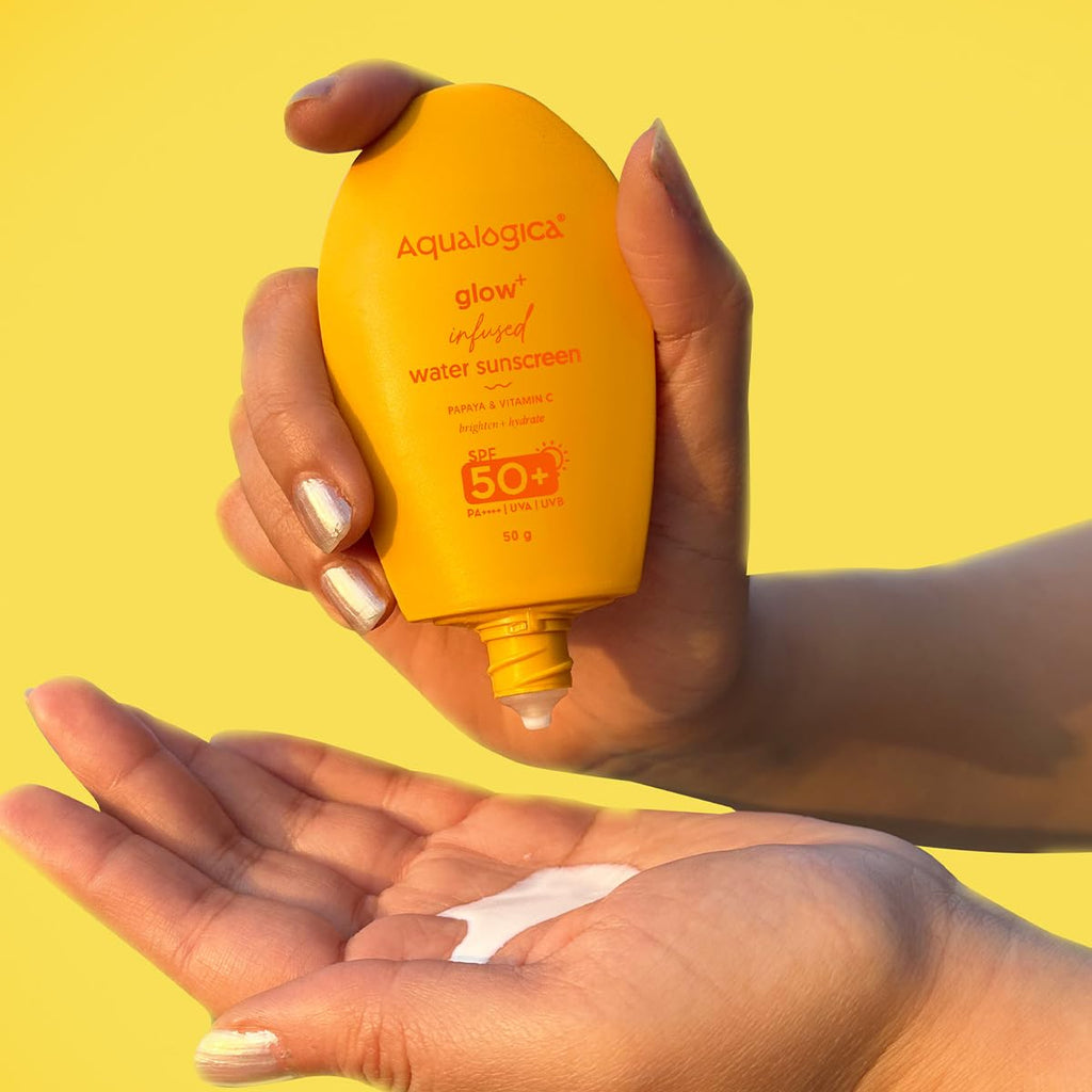 Aqualogica Glow+ Infused Water Sunscreen For All Skin Types Spf 50+ Pa++++ With Papaya&Vitamin C|Gives Glowing&Hydrated Skin|Lightweight,Hydrating & No White Cast - 50G,Pack Of 1