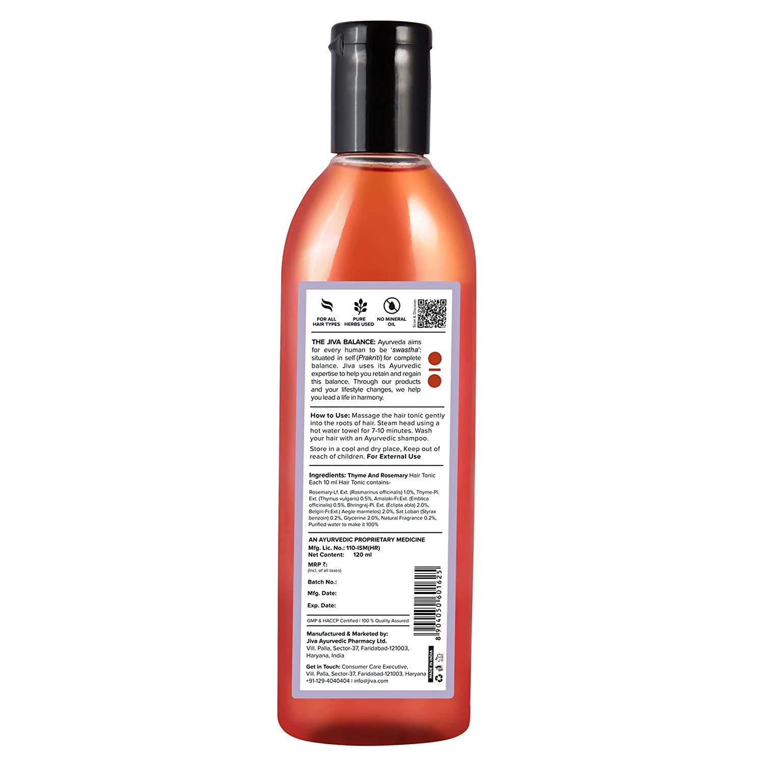 Jiva Thyme & Rosemary Tonic 120ml | 100% Pure & Natural | Nourishes Hair Follicles & Prevents Hairfall, Dandruff and Premature Greying & Baldness | Relieves Vata & Pitta-Dominated Issues (Pack of 2)