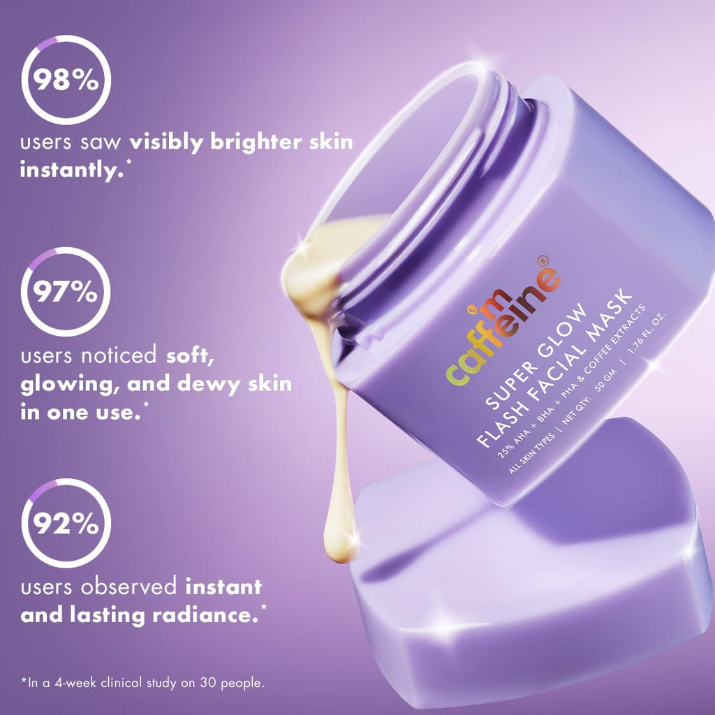mCaffeine Super Glow Flash Facial 25% AHA+BHA+PHA Face Mask | 5 Mins Glow Face Pack | Instant Brightening & Hydrate Winter Skin | Unclogs Pores, Removes Blackhead & Dead Skin | Tan Removal | Color Changing Mask for Dry Skin- 50gm