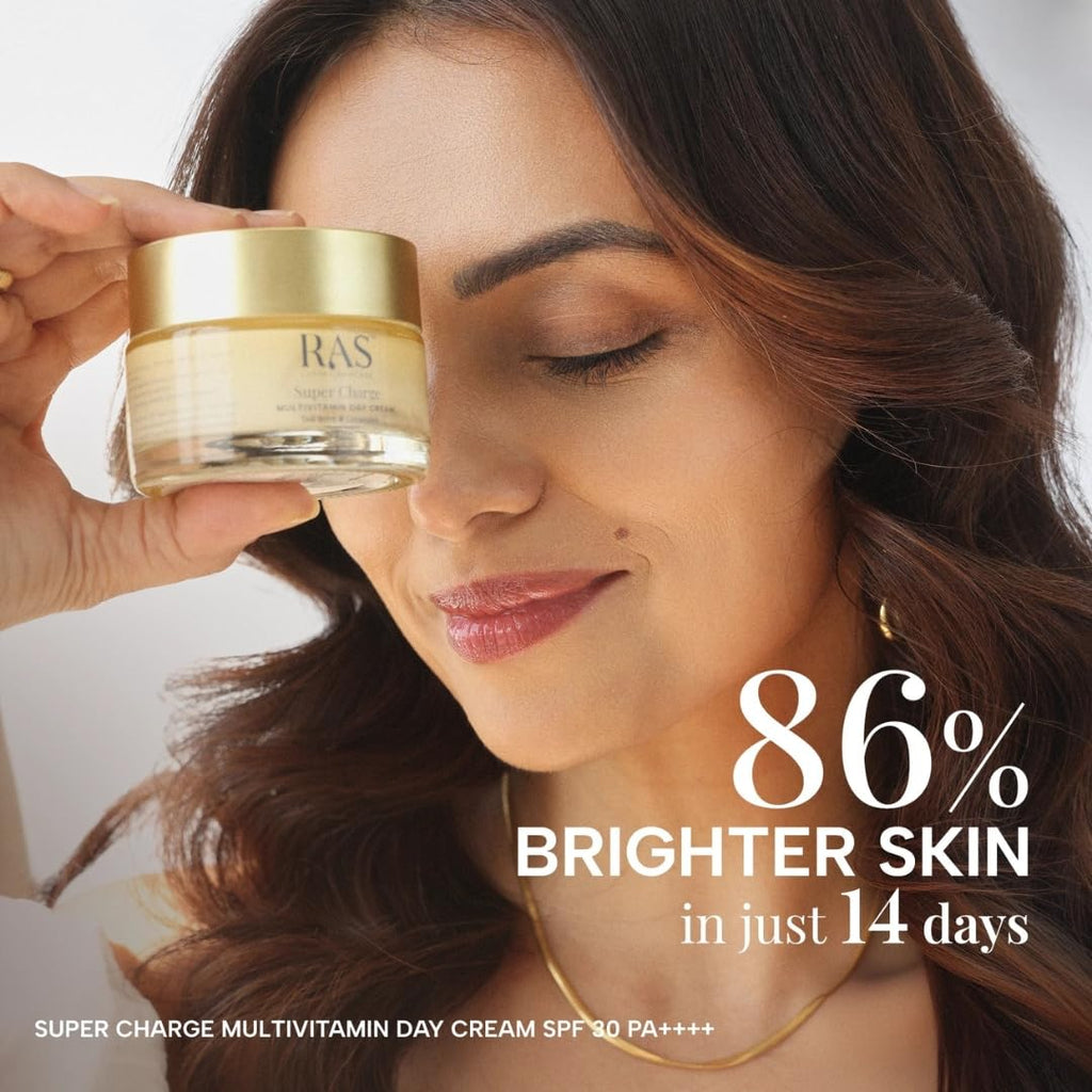 Ras Luxury Oils Super Charge Day Cream with Multivitamin SPF 30 PA++++ Goji Berry & Ceramides | Moisturizer for Glowing Skin with 72HR Hydration | Protection from UVA & UVB | Luxury Skincare