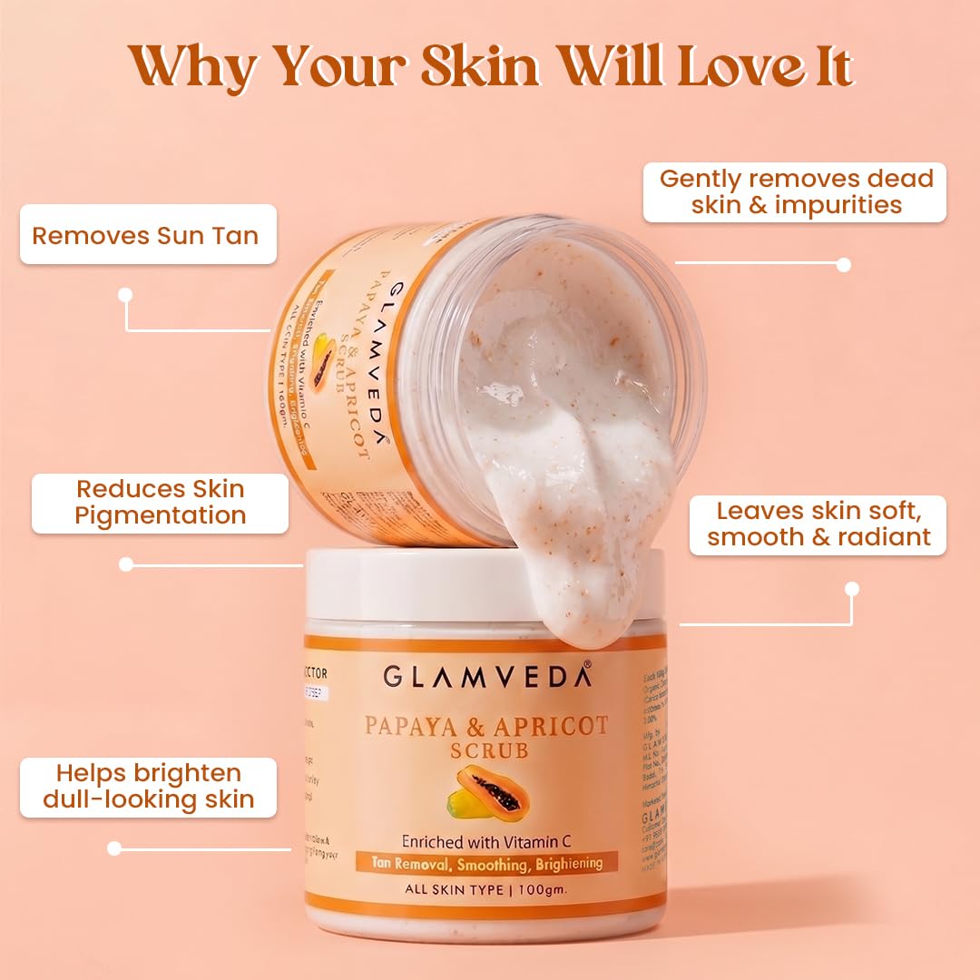 Glamveda Papaya De Pigmentation Face Scrub with Apricot | Cream-Based Exfoliating Scrub for Smooth & Refreshed Skin | 100g