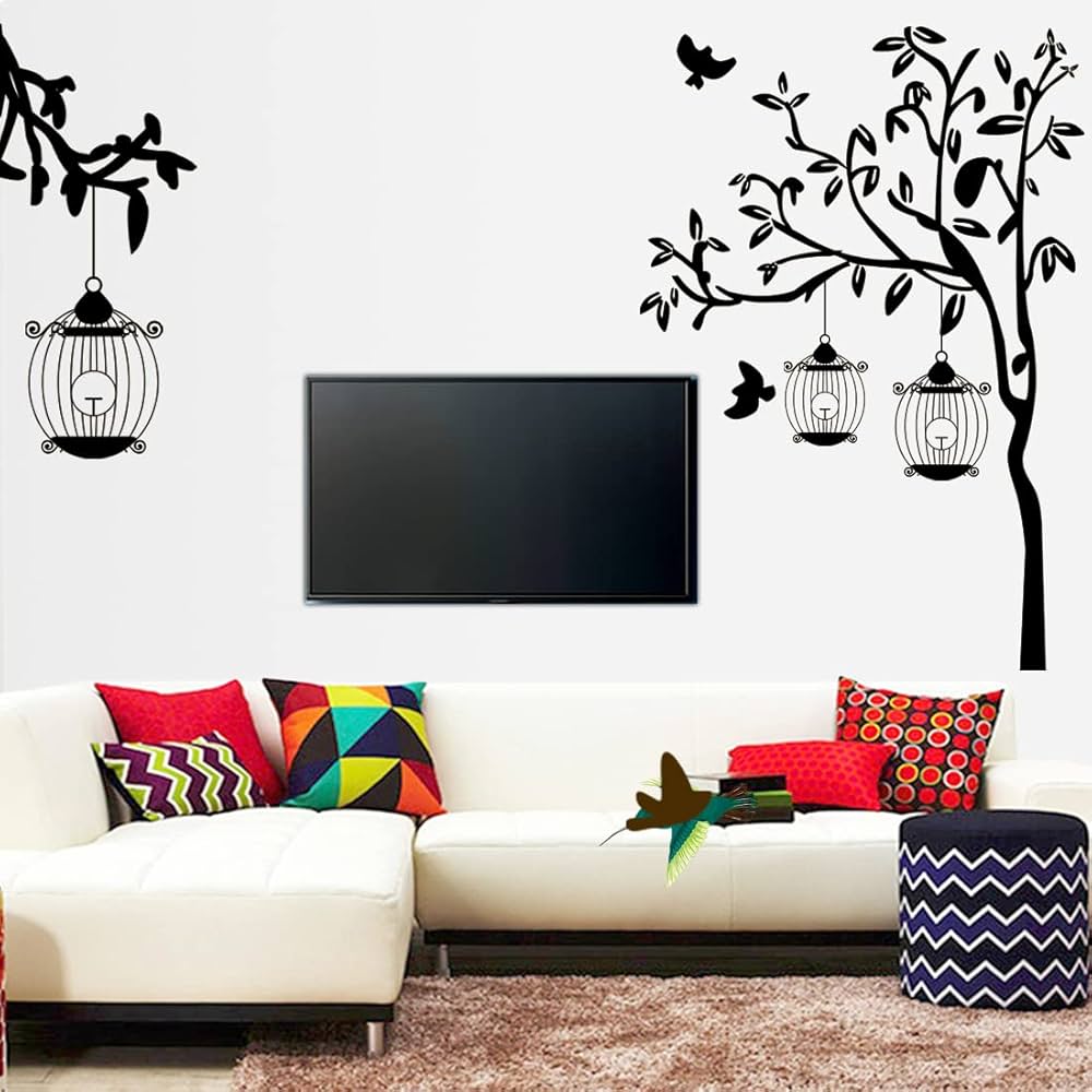 Rangoli New Modern Art & Trendy Wall Self-Adhesive Stickers Birds Cage With Tree Size-50Cm*70Cm, Vinyl