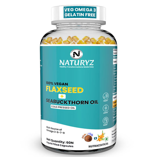 Naturyz Vegetarian Omega 3 Flaxseed + Sea buckthorn Oil Capsules 1120mg | Extra Virgin Cold Pressed Oil supplement with Omega 3, 6, 7 & 9 | Supports Healthy Heart, Skin, Brain & Gut | Plant source| Pack of 60