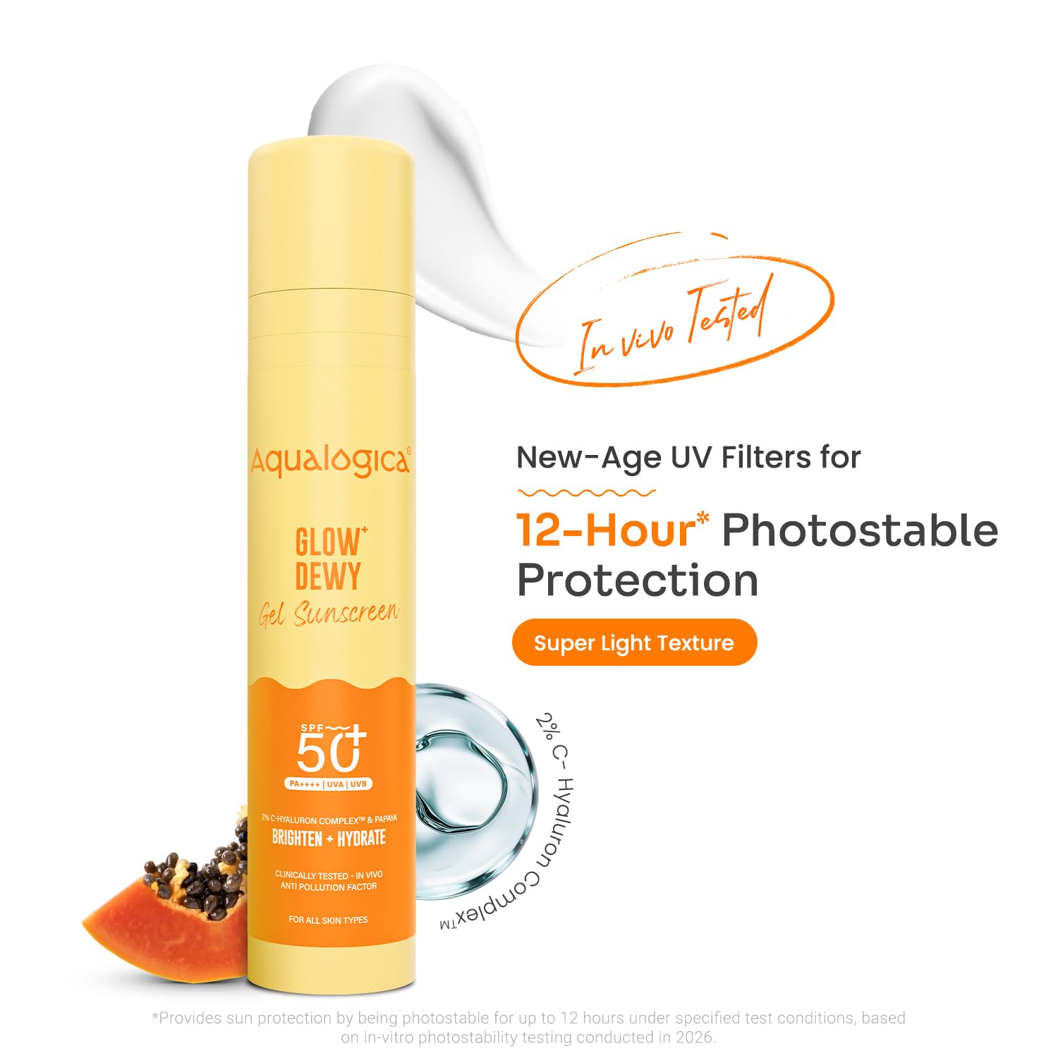 Aqualogica Glow+ Dewy Gel Sunscreen 50g | SPF 50+ PA++++ | 12-Hour Sun & Tan Protection | C-Hyaluron Complex & Papaya | Broad Spectrum UVA/UVB & Blue Light Protection | Fragrance-Free, No White Cast | Lightweight | For Men & Women