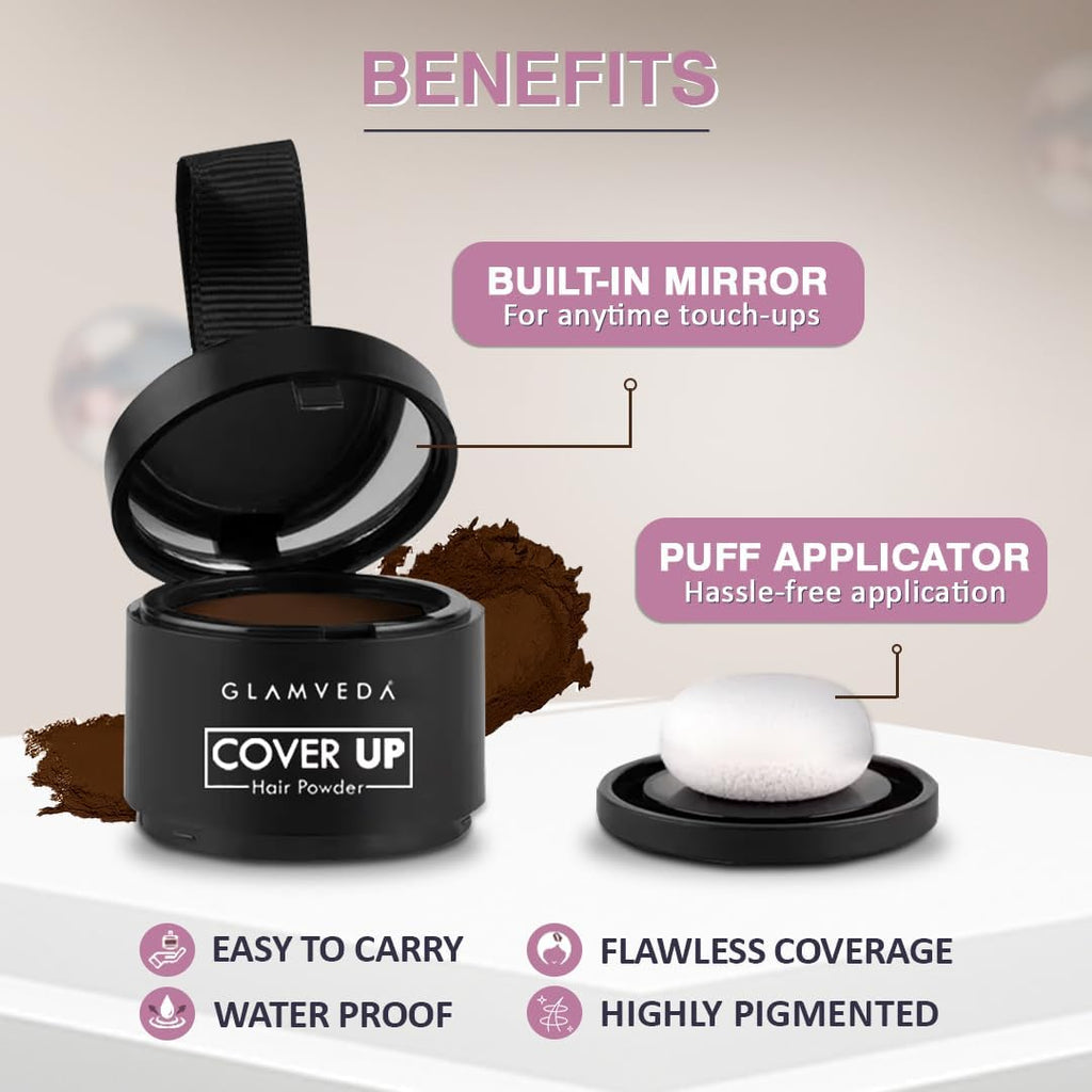 Glamveda Cover-Up Hair Powder - Brown | Covers Grey Roots & Bald Spots Instantly | Root Touch Up | Highly Pigmented, Fuller & Denser Look | Long-Lasting | Matte Finish | Fine Powder | Natural Look 4g