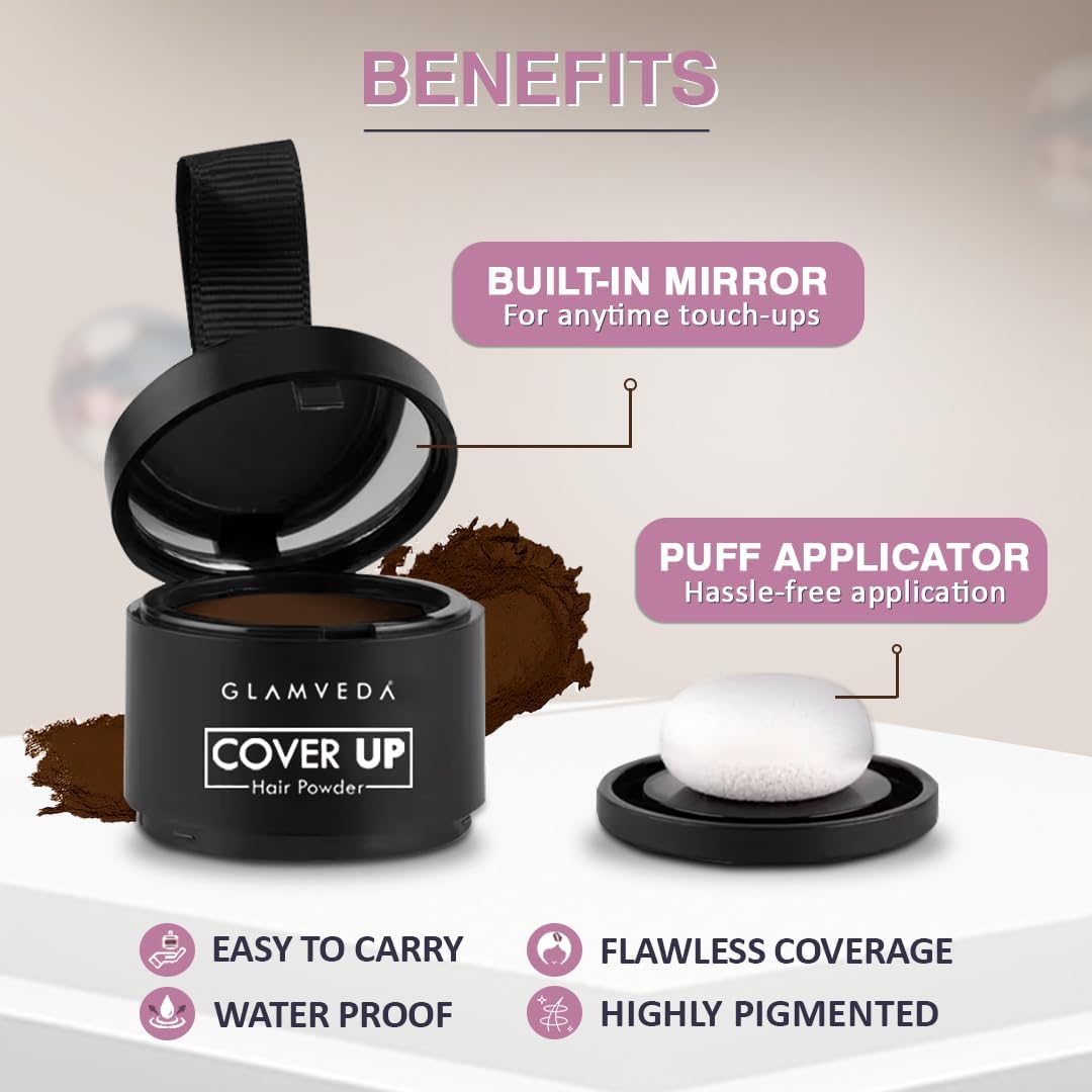 Glamveda Cover-Up Hair Powder - Brown | Covers Grey Roots & Bald Spots Instantly | Root Touch Up | Highly Pigmented, Fuller & Denser Look | Long-Lasting | Matte Finish | Fine Powder | Natural Look 4g