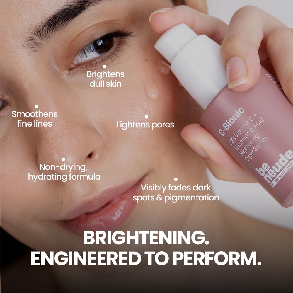 Be Neude C-Bionic 20% Vitamin C Serum 30ml with Lactobionic Acid for Face Brightening & 24hrs Hydration with Vitamin E Red Algae Gel Kakadu Plum Glutathione for All Skin Types & Sensitive Skin Friendly
