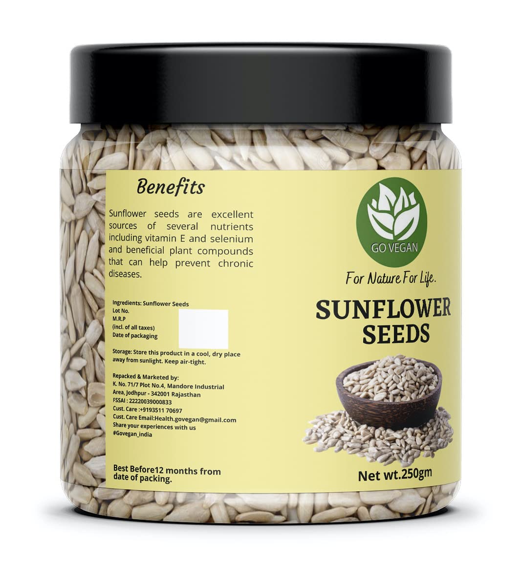 Go Vegan Sunflower Seeds for Eating 250gm - Rich in Protein & Fiber, Healthy Seeds [Jar Pack]