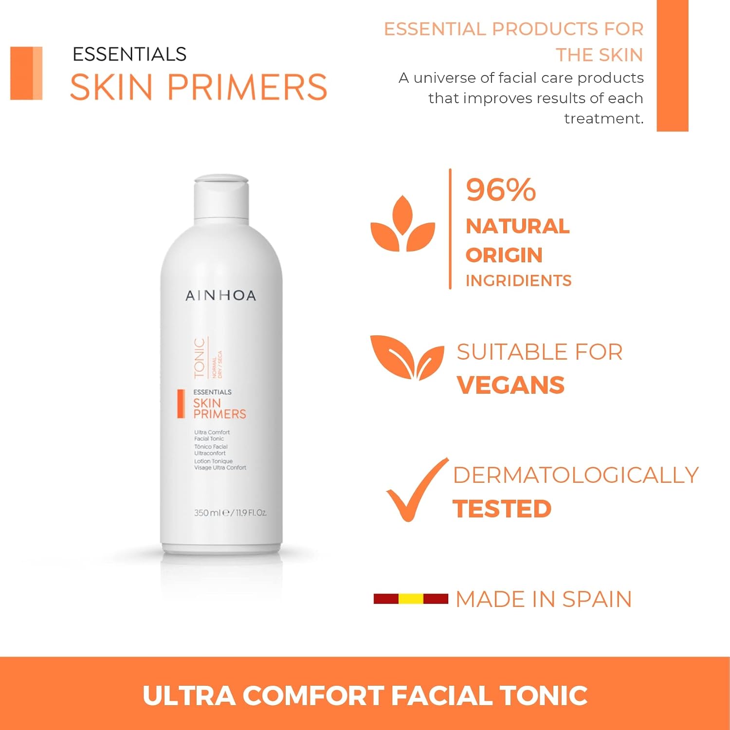 Ainhoa Primer for All Skin Types â€“ 350ml Ultra Comfort Vegan Facial Tonic with Rice Water & Hyaluronic Acid, Hydrating Primer for Face, Ideal for Dry Skin, 350ml