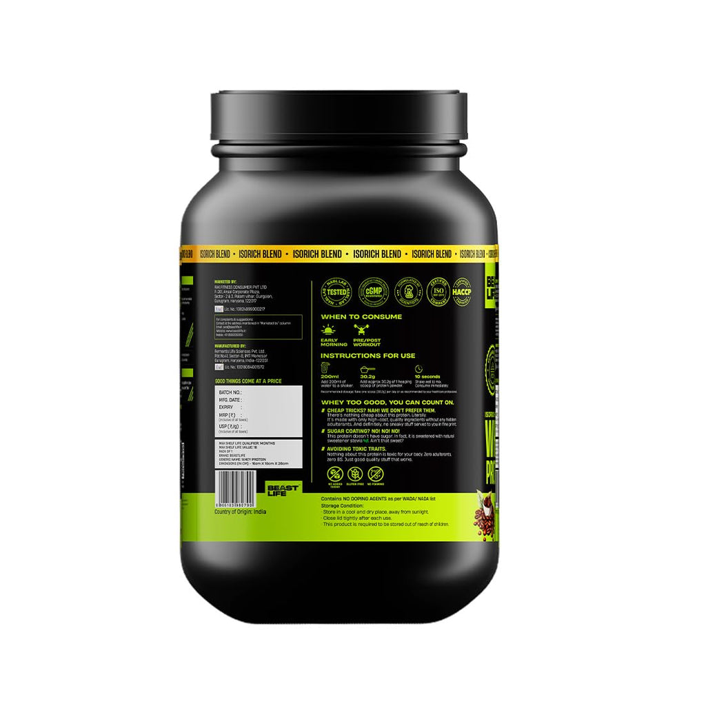 BeastLife Isorich Whey Protein Isolate Powder |2 Lbs | Coffee Flavor | Fast Muscle Growth & Recovery| No Artificial Sweeteners| Ultrasorb Tech For Fast Digestion|NABL Lab Certified | 24g Protein, 5.3g BCAA | No Bloating