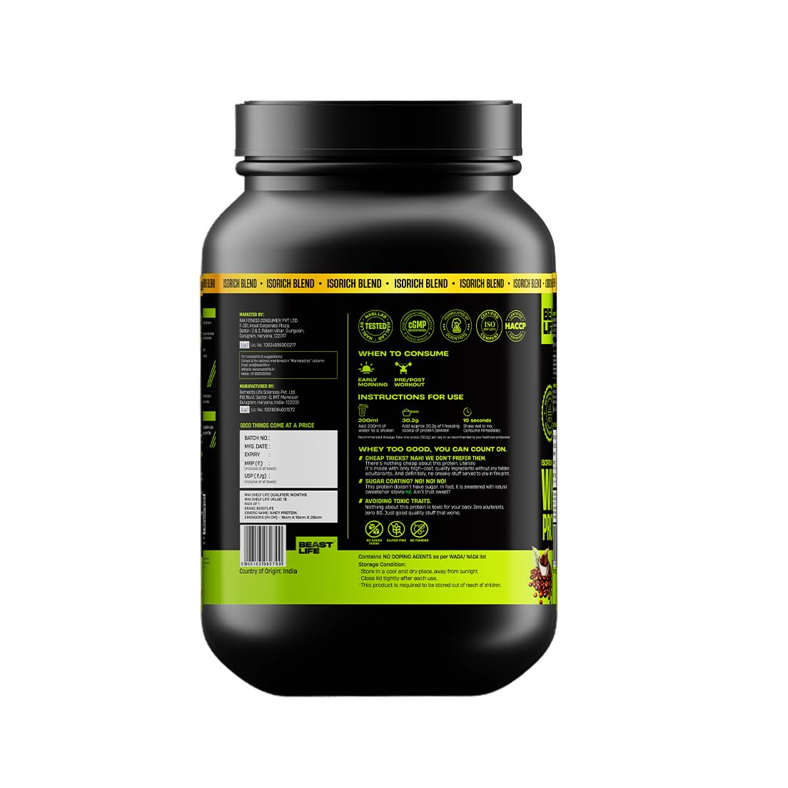 BeastLife Isorich Whey Protein Isolate Powder |2 Lbs | Coffee Flavor | Fast Muscle Growth & Recovery| No Artificial Sweeteners| Ultrasorb Tech For Fast Digestion|NABL Lab Certified | 24g Protein, 5.3g BCAA | No Bloating