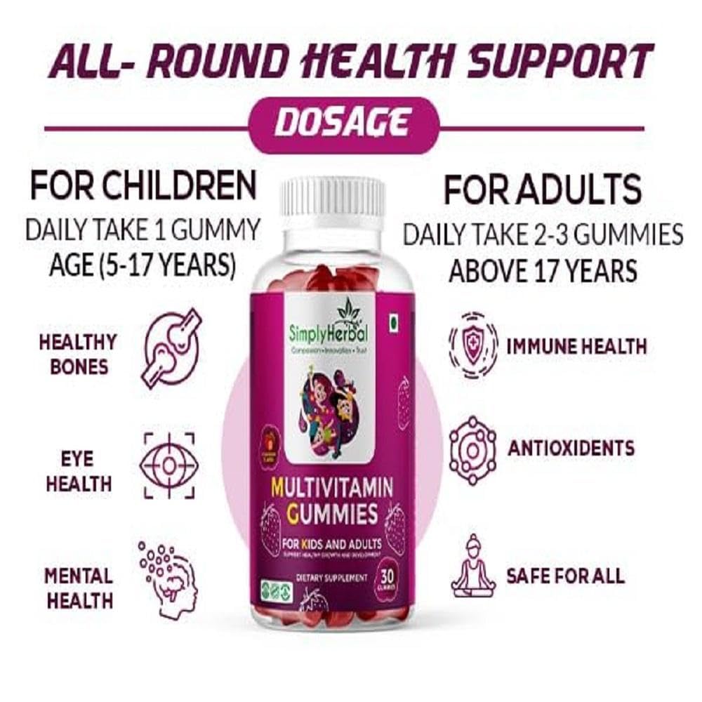 Simply Herbal Multivitamin Gummies for Kids, Hair, Skin and Nails Potency Supplement with Calcium, Biotin, Vitamin A B C, Immunity Gummy In Fruit Flavor for Adults & Kids, 30 Gummies (Pack of 1)