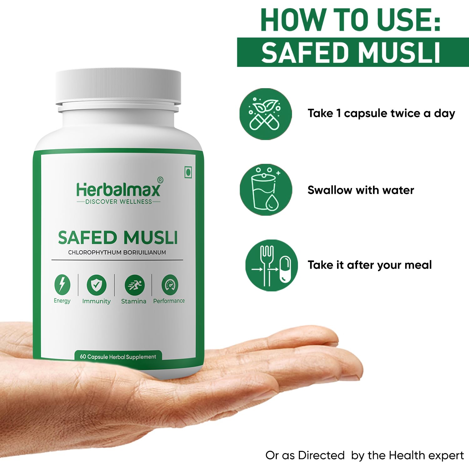 Herbalmax Safed Musli 800mg | With Shilajit, Ashwagandha & Gokshura | Natural Energy, Immunity Boost, Stamina & Stress Relief | Enhances Performance & Body Strength for Men & Women â€“ 60 Veg Capsules