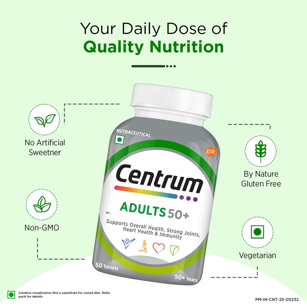 Centrum Adults 50+ Multivitamin Tablet for Men & Women|With 23 Vital Nutrients including Zinc,Magnesium, Vitamin B,C,D, Calcium for Energy, Strong Joints, Immunity and Heart Health|Veg - 50 tablets