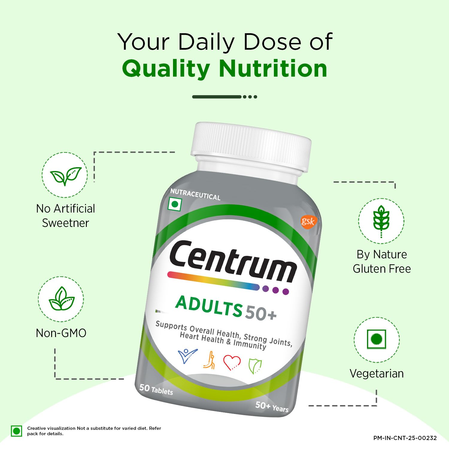 Centrum Adults 50+ Multivitamin Tablet for Men & Women|With 23 Vital Nutrients including Zinc,Magnesium, Vitamin B,C,D, Calcium for Energy, Strong Joints, Immunity and Heart Health|Veg - 50 tablets
