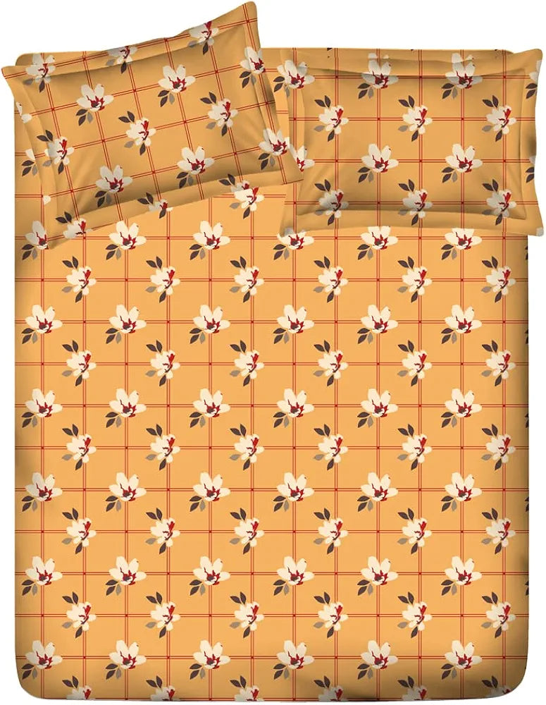 Layers Classic Cotton Bedsheet Set for All Seasons Lightweight 104 TC Queen Size Yellow, Floral Pattern