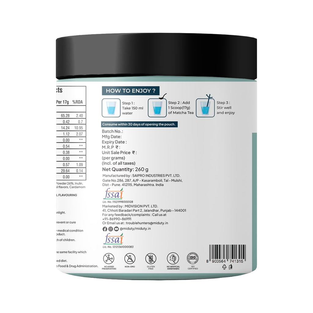Miduty by Palak Notes Matcha Tea - Detoxifying Drink, Fat Burner - Energy Booster, Weight Management - Promote Anti Aging & Gut Health, MCT Fat - L-Theanine With Coconut Milk - Vanilla flavour - 260g