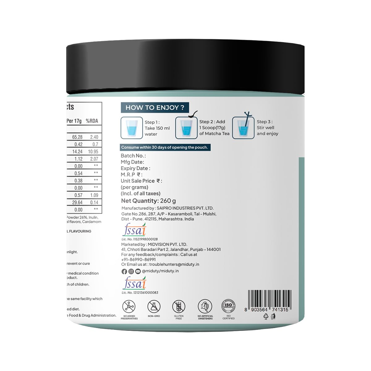 Miduty by Palak Notes Matcha Tea - Detoxifying Drink, Fat Burner - Energy Booster, Weight Management - Promote Anti Aging & Gut Health, MCT Fat - L-Theanine With Coconut Milk - Vanilla flavour - 260g