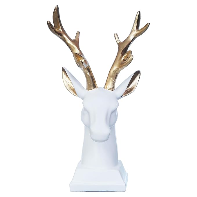 Ecraftindia White Polyresin Reindeer Head Statue With Golden Antlers Animal Showpiece