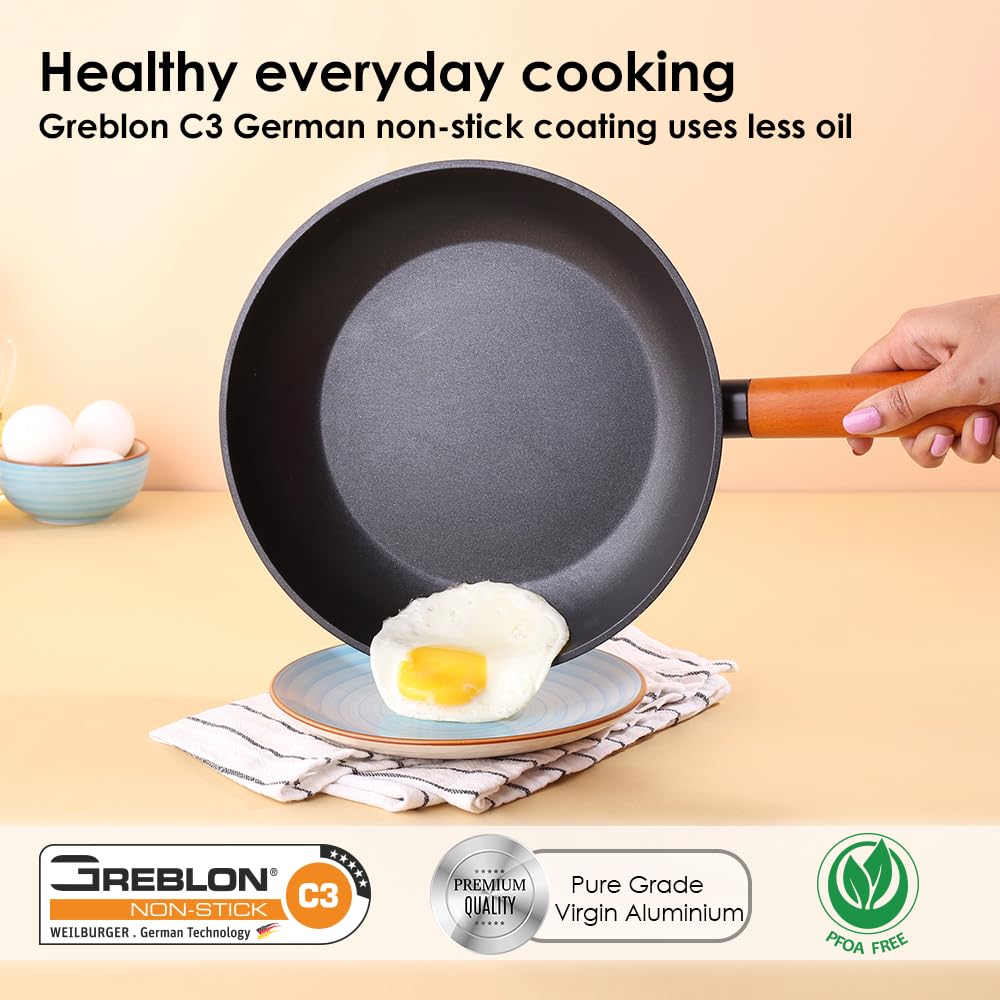 Wonderchef Caesar Forged Virgin Aluminium Fry Pan, 1 ltr, 20cm, Black, Healthy Greblon C3 Non-Stick Coating