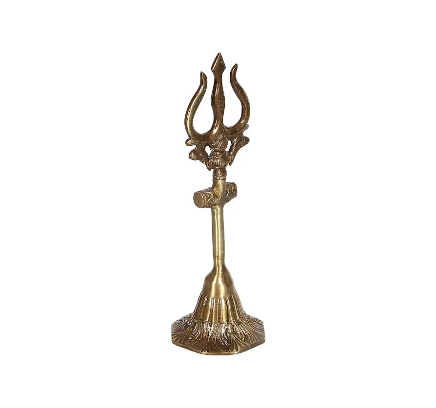 Two Moustaches 8 Inches Brass Shiva's Trishul with Damru Antique Finish