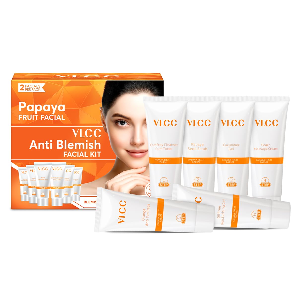 VLCC Papaya Fruit Facial Kit - 60g | Glowing, Blemish Free Skin | With Papaya, Cucumber, Peach, and Orange Peel Extracts | Glowing at Home Facial Kit.
