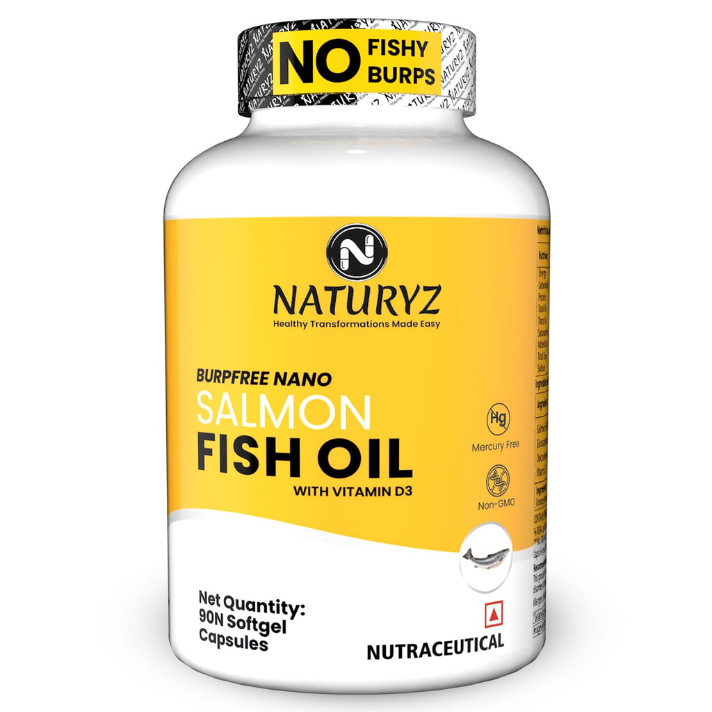 Naturyz Burpfree Salmon Fish Oil Capsules 2000Mg With Vitamin D3 | No Fishy Burps | Epa & Dha | Nano Emulsion Capsules For Faster Absorption & Superior Bioavailability -90 Softgels, 100 grams