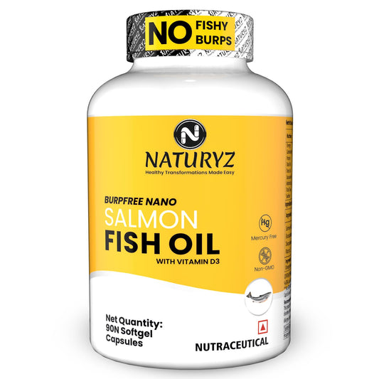 Naturyz Burpfree Salmon Fish Oil Capsules 2000Mg With Vitamin D3 | No Fishy Burps | Epa & Dha | Nano Emulsion Capsules For Faster Absorption & Superior Bioavailability -90 Softgels, 100 grams